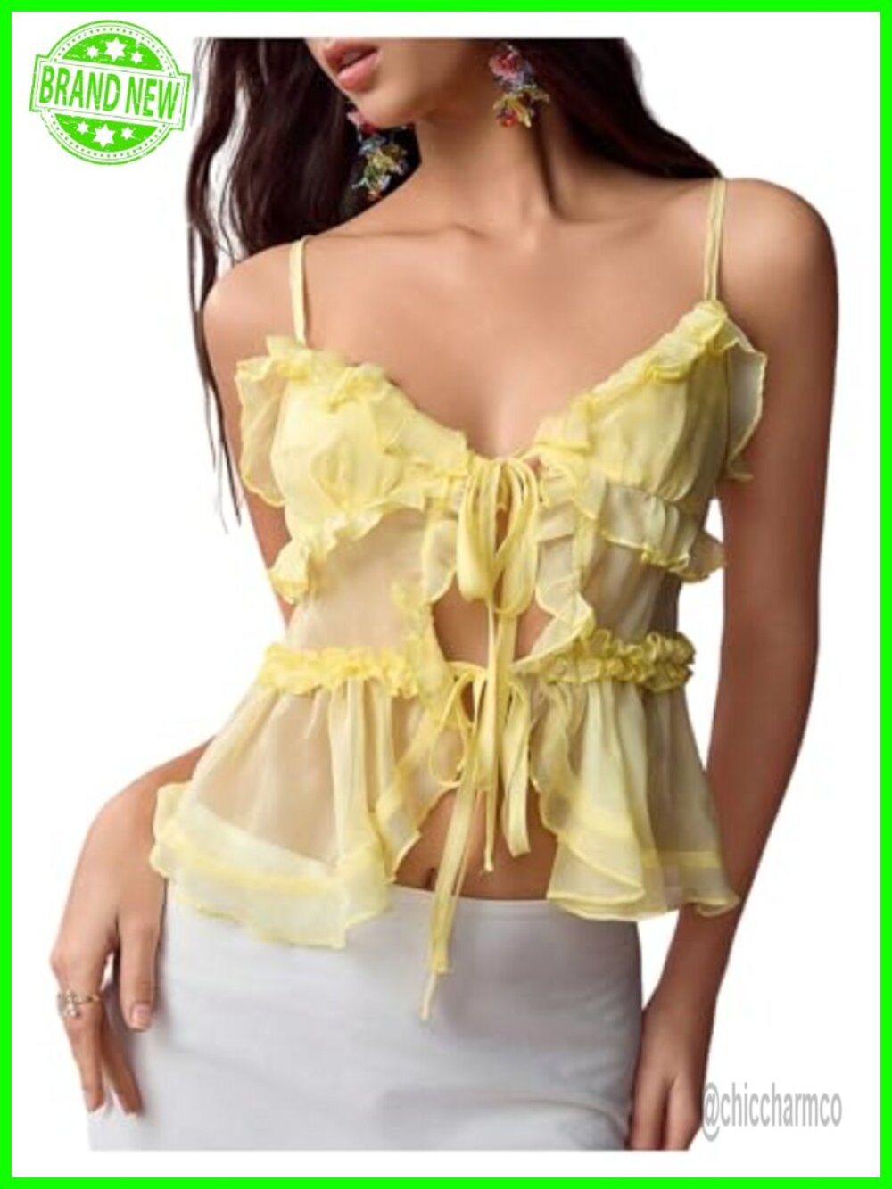 Mesh Cami Top V Neck Bow Tie Front Ruffle Hem Spaghetti Strap